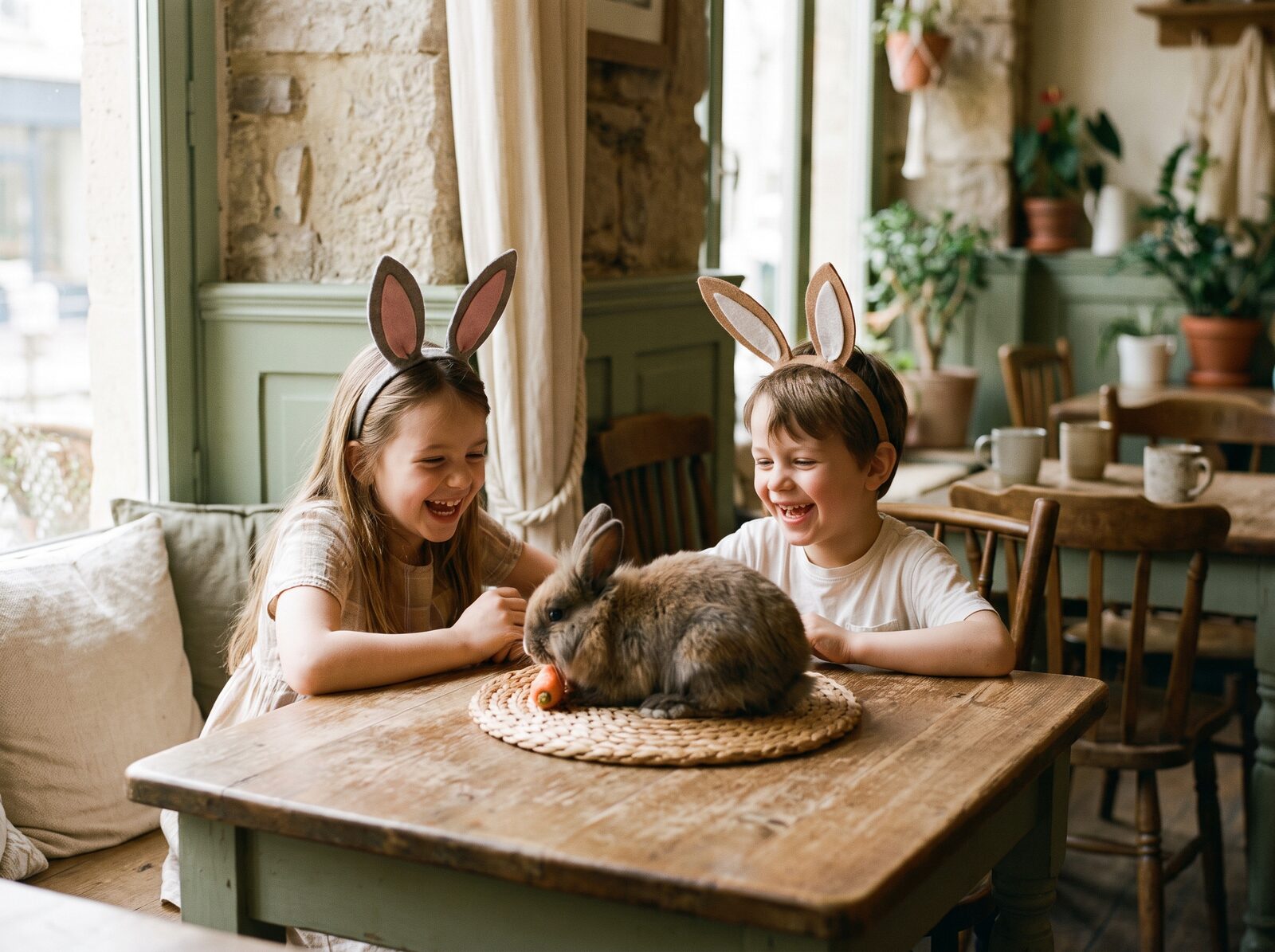 Children laughing with a rabbit