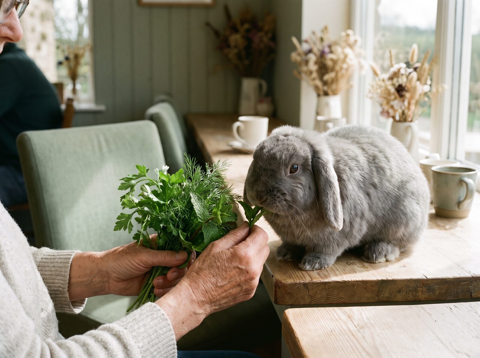 A lop rabbit being fed greens